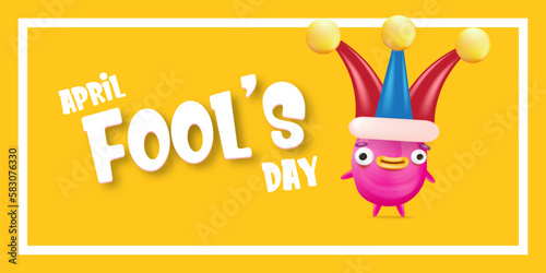 April Fools day funky horizontal banner with silly pink clown monster character isolated on orange background. 1 st april fool day banner, poster, label, flyer and greeting card. Fool day print
