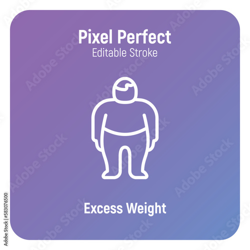 Obesity, excess weight thin line icon. Overweight, unhealthy body, dieting. Chubby man. Pixel perfect, editable stroke. Vector illustration.