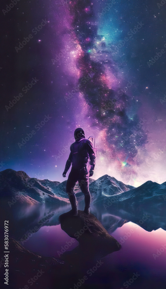 Fototapeta premium Double exposure galaxy background, epic view, smartphone wallpaper, (generated ai)