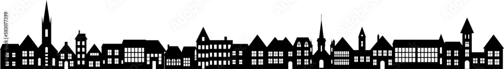 Town skyline silhouette. Small city houses, factory buildings, old ...
