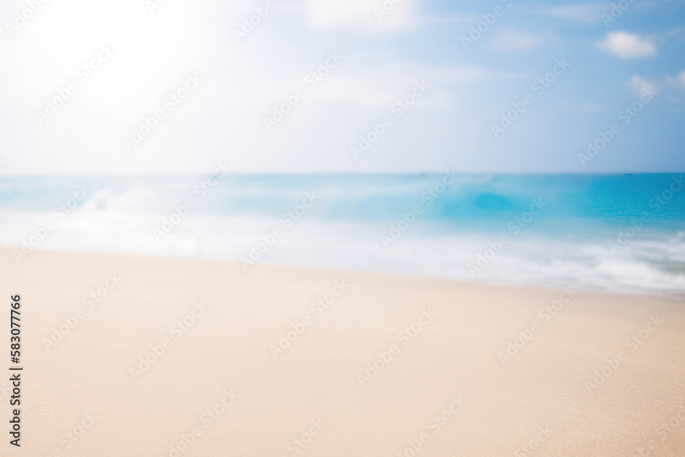 blurred beach background with sunrays, summer sandy empty beach