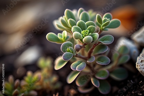 The thymus plant, just as it is beginning to grow in the garden, in a close-up. Generative AI