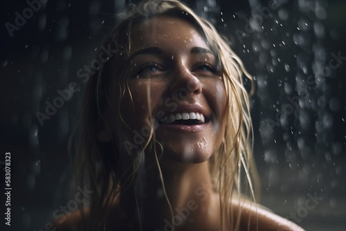 Schöne Frau mit hübschem Gesicht lacht im Regen und ist glücklich, Model duscht sich, ai generativ