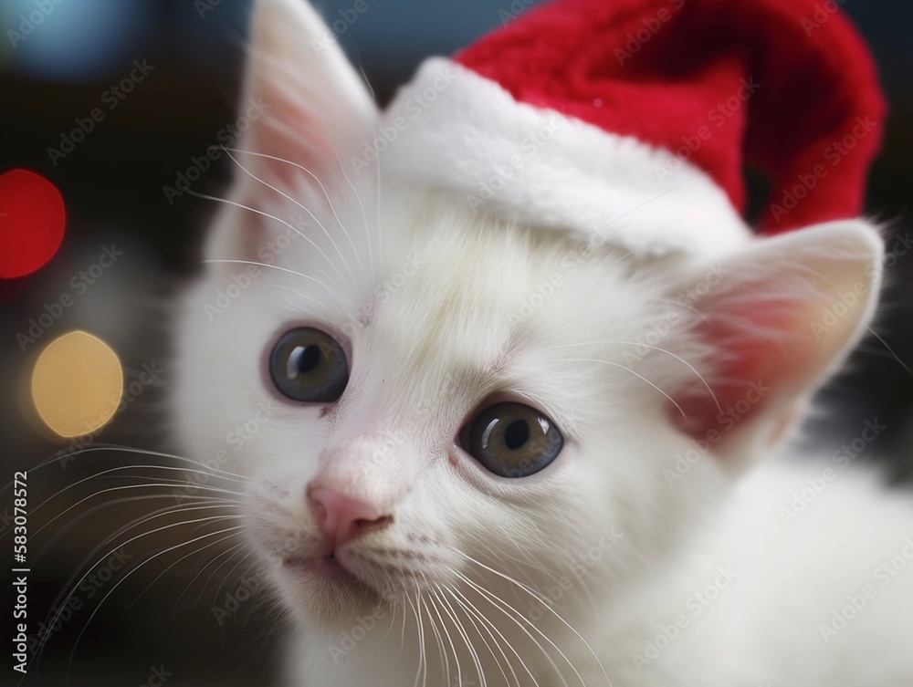 Obraz premium Putzige kleine weiße Katze mit Weihnachtsmütze blickt in die Kamera