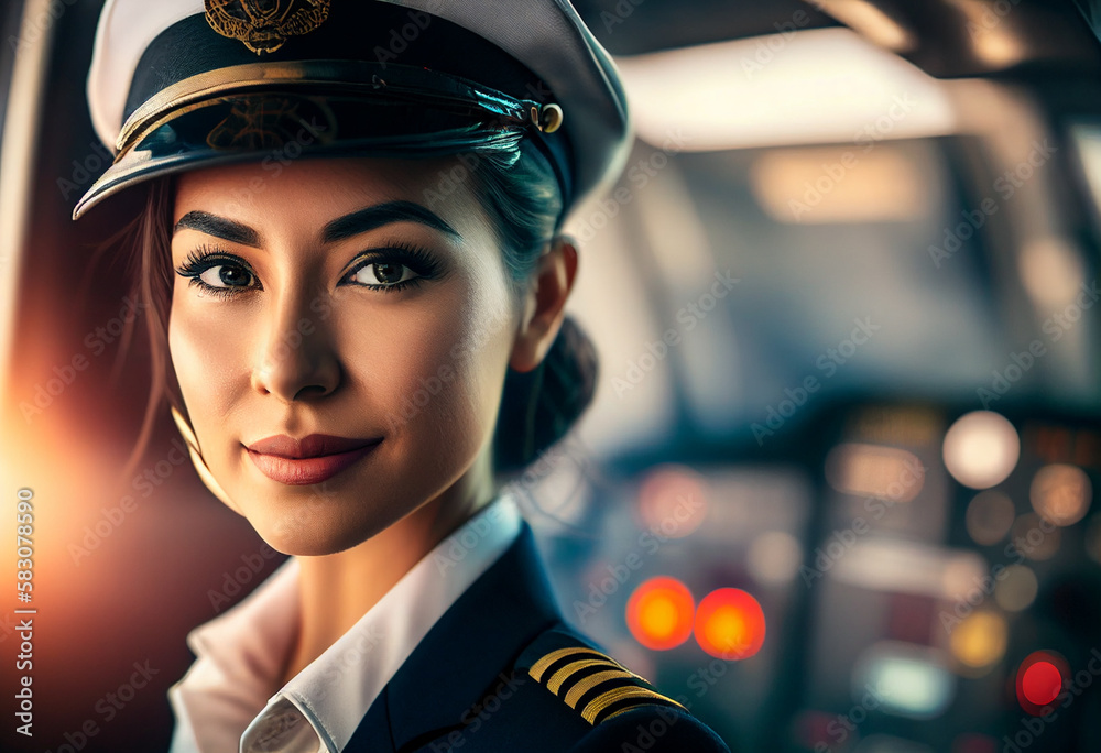 Portrait of beautiful smiling young woman pilot the captain of the