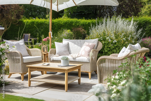Charming Serene Garden Patio With Cozy Outdoor Furniture, Accent Pillows and Relaxing Setting photo