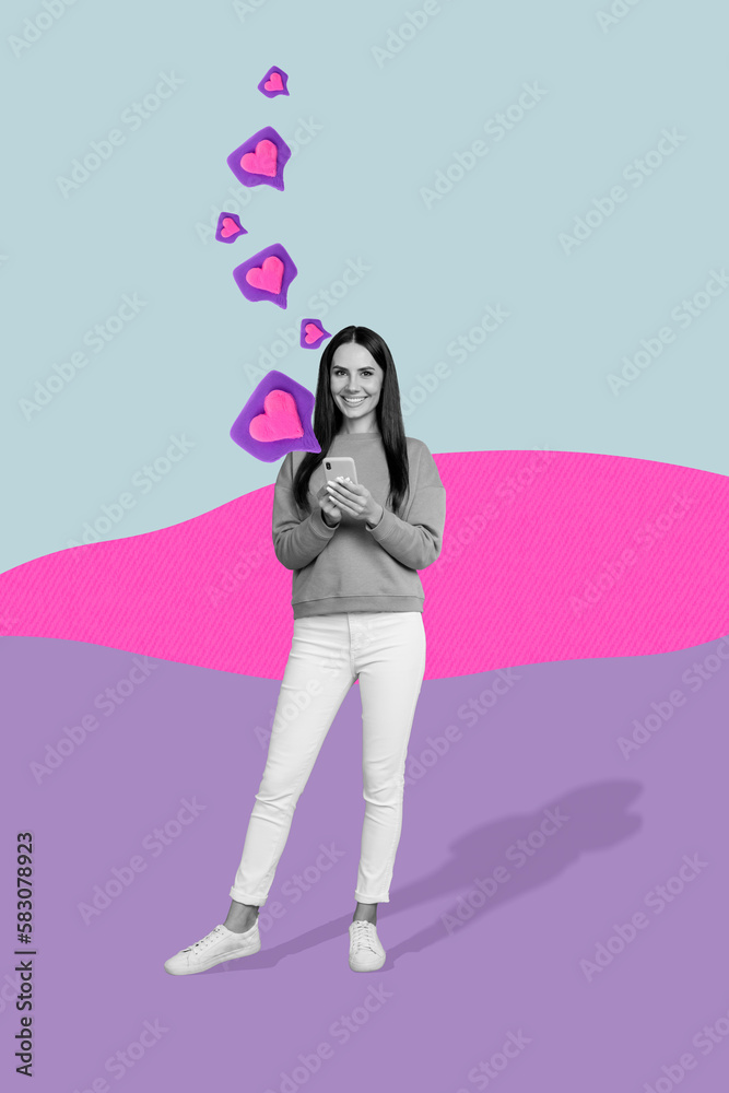 Composite minimal collage template valentine day affection concept of young positive girl hold phone matches lovers isolated on pink background