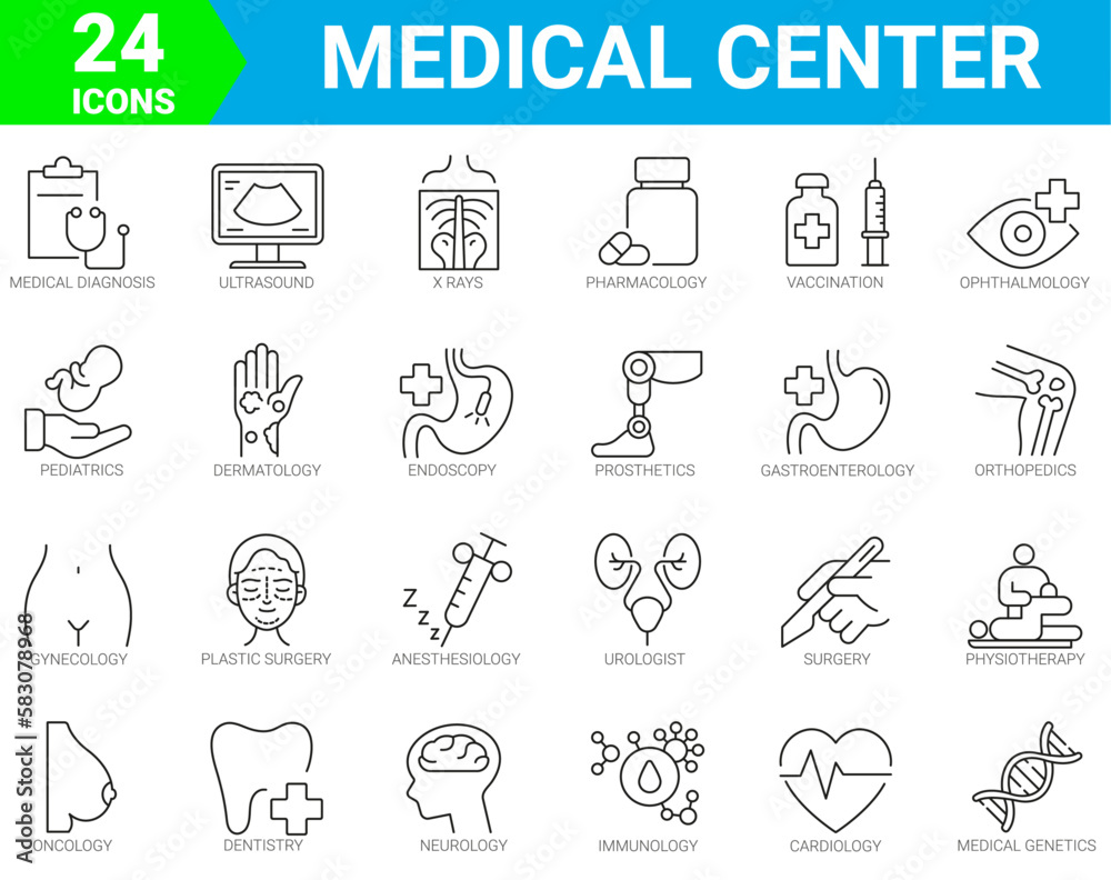 healthcare and medicine, hospital services icons of 24 outline vector. Dermatology, gynecology, oncology, dentistry.