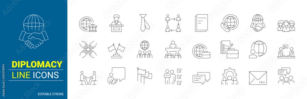 Set of 24 line diplomacy icons. Partners. Editable stroke. Vector illustration - obrazy, fototapety, plakaty 