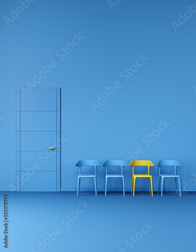 Pastel minimal waiting room interior with chairs in a row and entrance door. Chairs in a line blue and yellow toned anteroom. All blue waiting room mock up concept.

