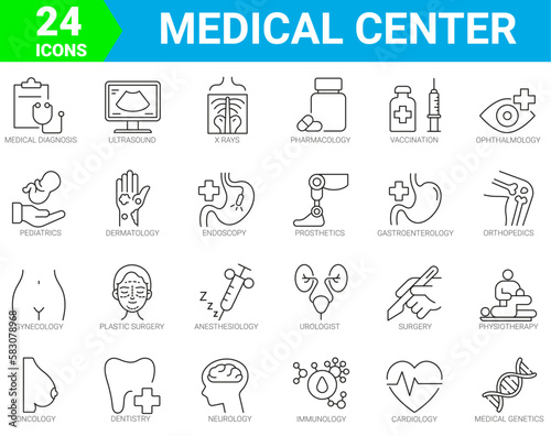healthcare and medicine, hospital services icons of 24 outline vector. Dermatology, gynecology, oncology, dentistry.