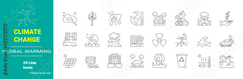 Set of climate change line icons for web. Catastrophe, cataclysm. global warming. eco product, clean energy, renewable energy, recycling, reusable, environmental friendliness.