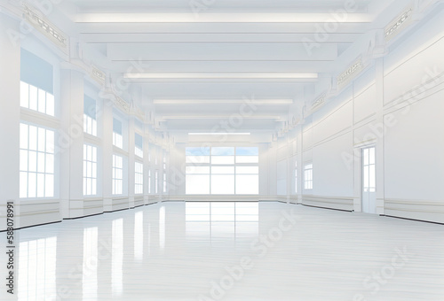 Large emty solid white room like as ballroom or dance-hall.