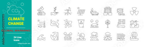 Set of climate change line icons for web. Catastrophe, cataclysm. global warming. eco product, clean energy, renewable energy, recycling, reusable, environmental friendliness.