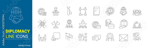 Set of 24 line diplomacy icons. Partners. Editable stroke. Vector illustration