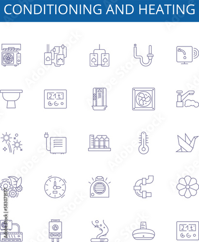 Conditioning and heating line icons signs set. Design collection of Conditioning, Heating, Air, Cooling, Ventilation, Fan, Furnace, Heat outline concept vector illustrations