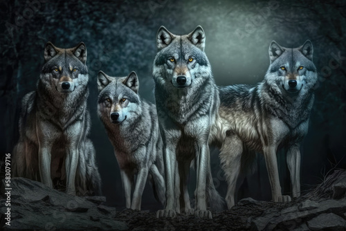 pack of grey wolves, predator in the night, wild hunter, generative AI