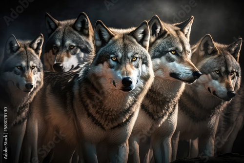 pack of grey wolves, predator in the night, wild hunter, generative AI