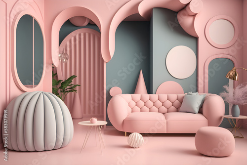 Room interior in pink tones, AI generated