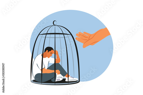Helping hand to a person with depression, phobia and addiction. Care about man in isolation. Mental health concept. Vector illustration.