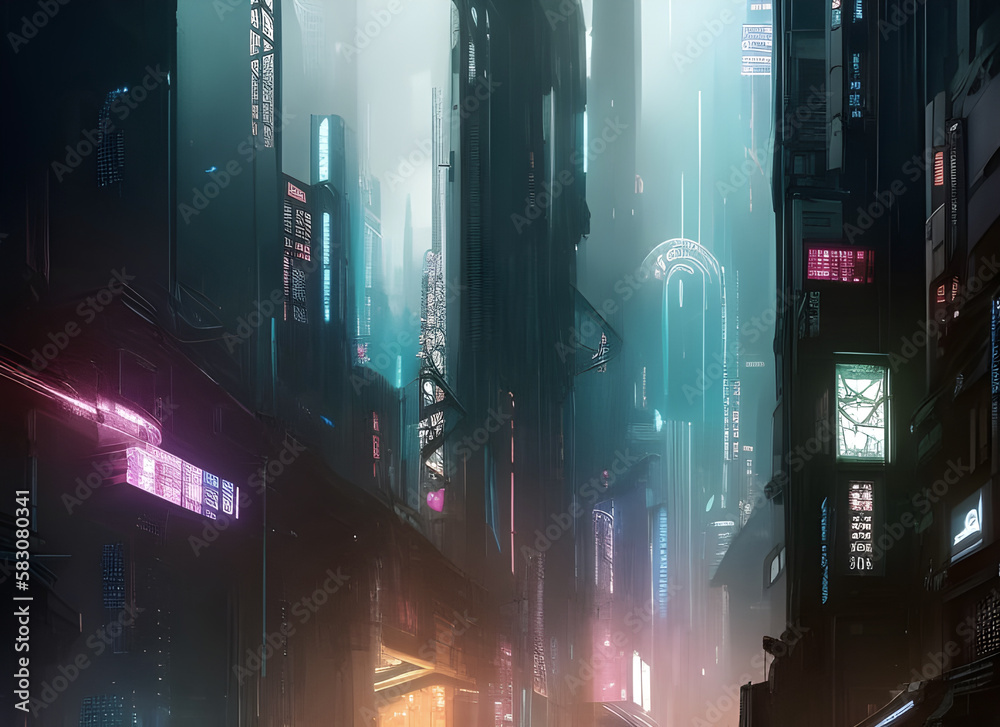 tall buildings in a cyberpunk city at night with illuminated ...