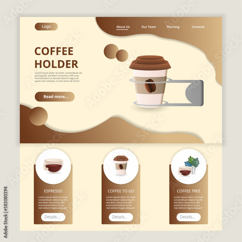 Coffee holder flat landing page website template. Espresso, coffee to go, coffee tree. Web banner with header, content and footer. Vector illustration.