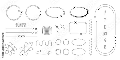 Set of Y2K border line frames with stars, labels, stickers, abstract wavy and circle elements.