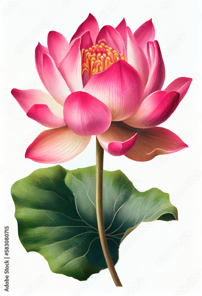 Pink lotus flower drawing isolated on white background. Watercolor, hand drawn style, ai generation