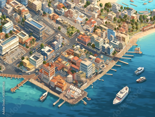 aerial view of coastal cityscape, urban architecture, travel and tourism destination, generative AI