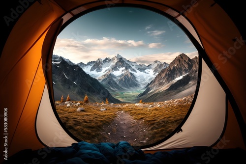 View on the beautiful mountains from the camping tent, AI generated