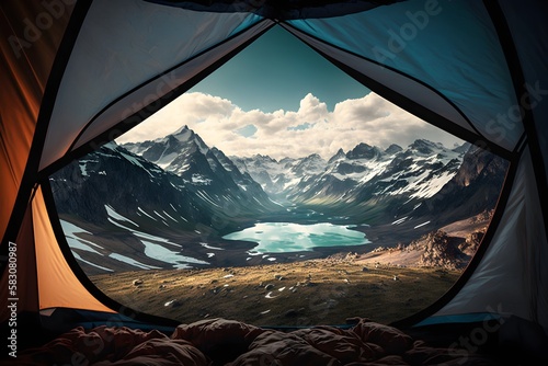 View on the beautiful mountains from the camping tent  AI generated