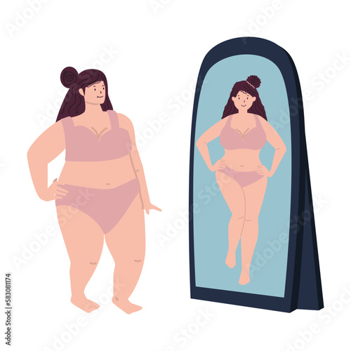 Plus Size  and a slim Women in front of the mirror