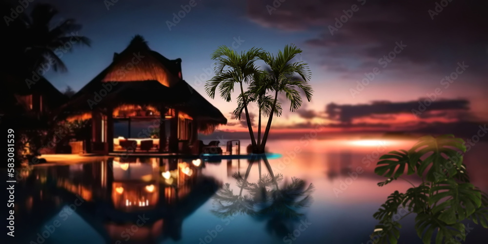  night resort tropical palm and straw bungalow green blue pool water candles on table and blurred candles light starry sky exotic holiday vacation travel backgrounds,generated ai