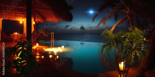  night resort tropical palm and straw bungalow green blue pool water candles on table and blurred candles light starry sky exotic holiday vacation travel backgrounds,generated ai © Aleksandr