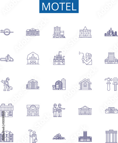 Motel line icons signs set. Design collection of Lodging, Inn, Stopover, Hostel, Resort, Accommodation, Overnight, Rest outline concept vector illustrations photo