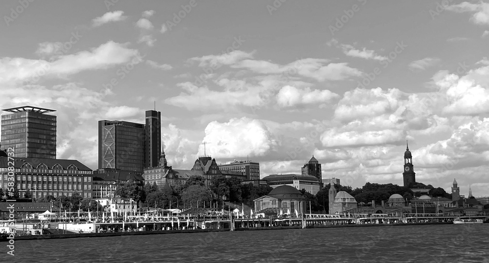 Landing bridges at the port of Hamburg in black and white