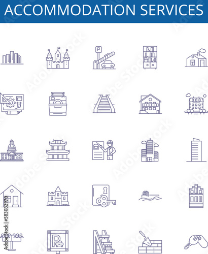 Accommodation services line icons signs set. Design collection of Lodging, Residing, Habitats, Abodes, Houses, Quarters, Shelters, Domiciles outline concept vector illustrations