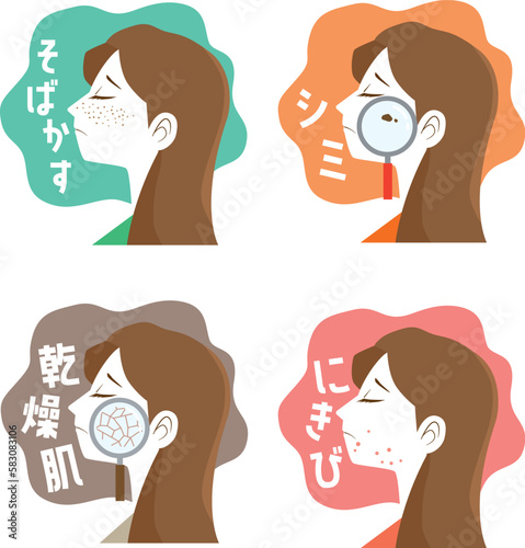 女性の横顔　肌のトラブルイラストセット