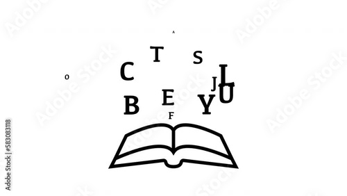 Alphabet letters flying off open book isolated on white background. Simple black and white 4K graphic animation.
