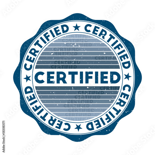 Certified badge. Grunge word round stamp with texture in Mermaid Blues color theme. Vintage style geometric certified seal with gradient stripes. Creative vector illustration.