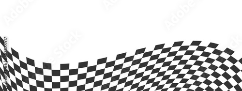 Winding race flag or chessboard texture. Black and white chequered pattern warped in perspective. Motocross, rally, sport car or chess game competition banner layout photo