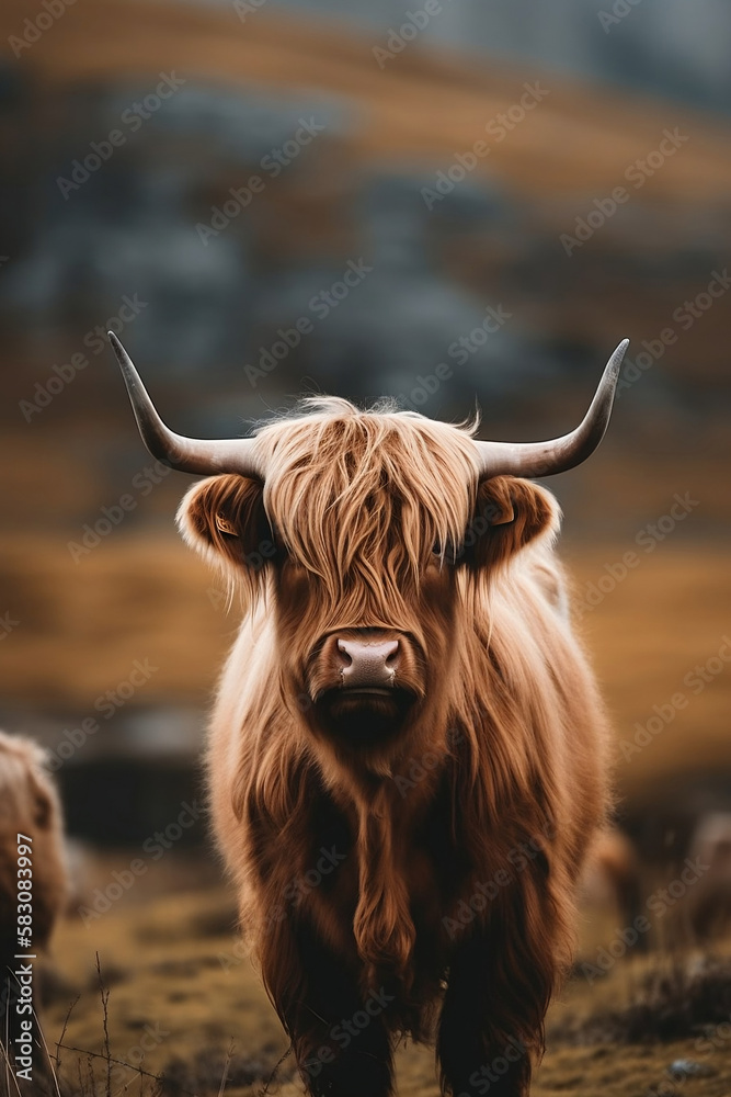 Front view of a highland cow (ai generative) - obrazy, fototapety, plakaty 