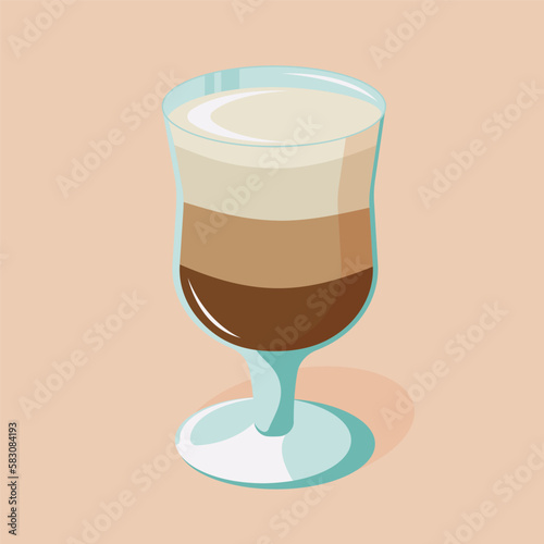 Glass of latte macchiato coffee of 3 layers. Sweet delicious beverage. Vector design.