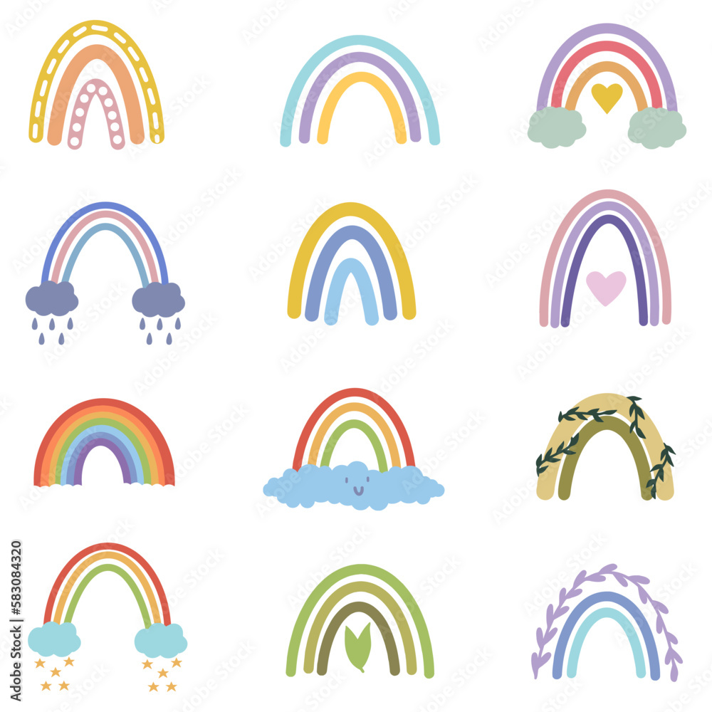 Hand Drawn Boho Rainbows. Cute Set in Pastel and Earthy Colors. Vector Isolated Elements. Hand Drawn Boho Rainbows. Cute Set in Pastel and Earthy Colors. Vector Isolated Elements.