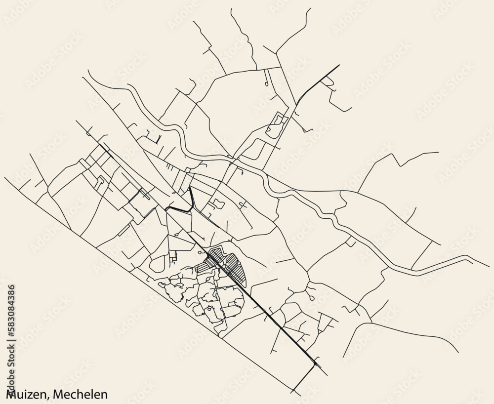 Detailed hand-drawn navigational urban street roads map of the MUIZEN SUBMUNICIPALITY of the Belgian city of MECHELEN, Belgium with vivid road lines and name tag on solid background
