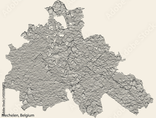 Topographic relief map of the city of MECHELEN, BELGIUM with solid contour lines and name tag on vintage background