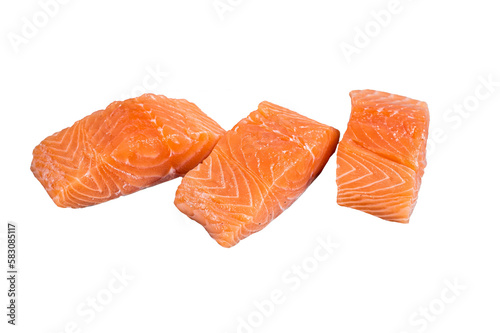 Raw salmon fillet steak on kitchen table. Isolated, transparent background.