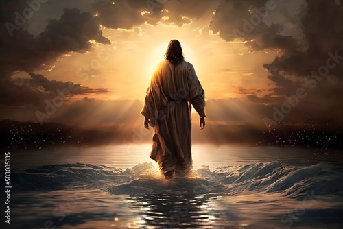 Jesus Christ walking on the water on the sunset, AI generated