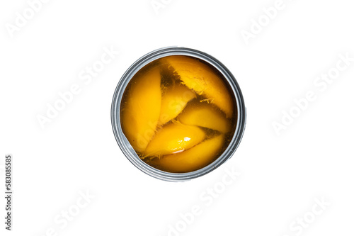 Canned mango slices in syrup in a metal can. Isolated, transparent background.