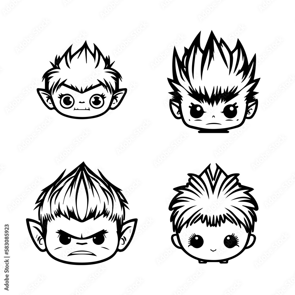 A cute anime troll head collection set featuring Hand drawn line art ...